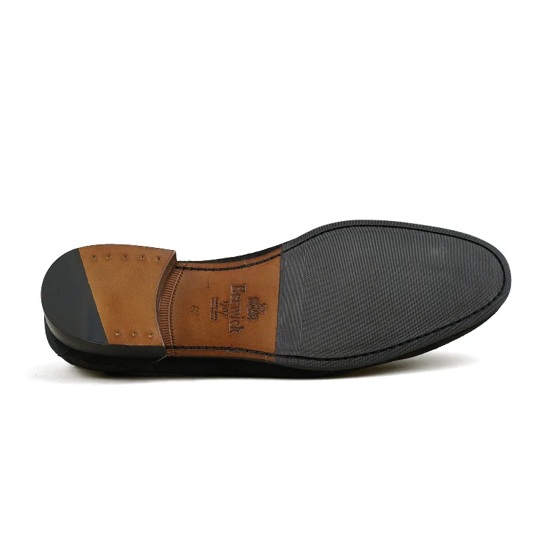 Belgian Penny Loafer - Black Suede w/ Faux Croc Strap