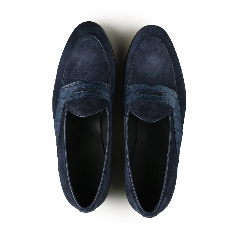 Belgian Penny Loafer - Navy Suede w/ Faux Croc Strap